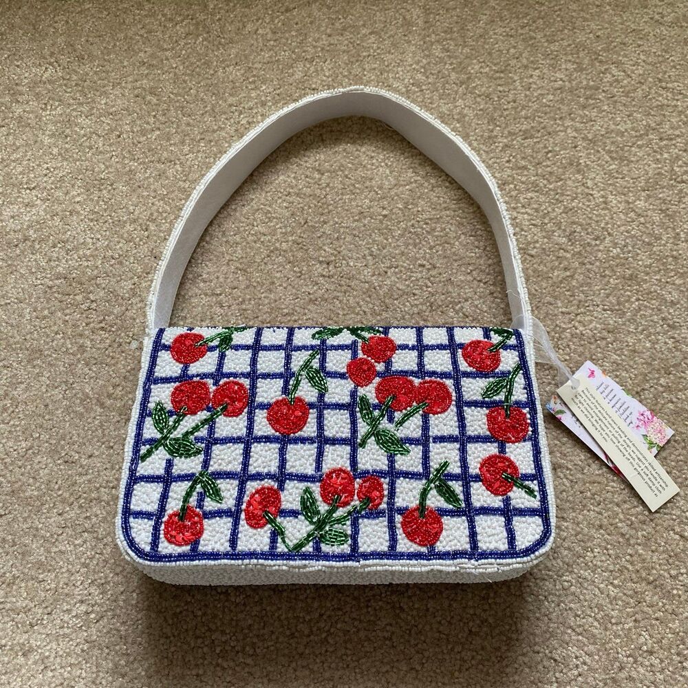 Viral Cherry Beaded Shoulder Bag NWT Navy White Red Green Summer Purse Vacation - Picture 11 of 12
